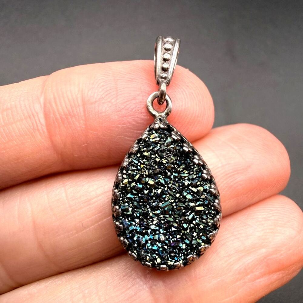 Regina Lane 925 Sterling Silver Titanium Druzy Teardrop Pendant Necklace Israel